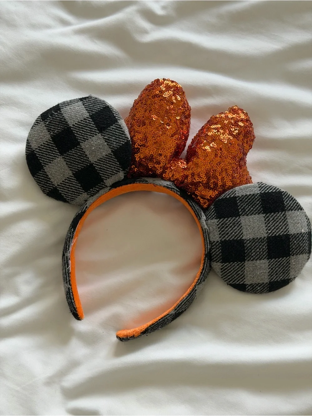 Disney Black & Gray Plaid Minnie Ears with Orange Sequin Bow